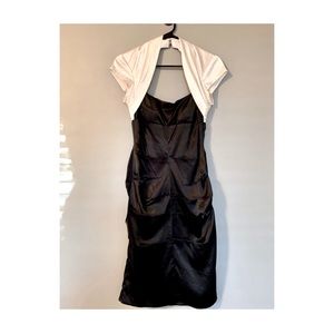 Morgan & Co. | Open Back Ruched Satin Black Dress with White Attached Shrug